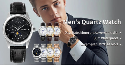 BERNY Men Watch Date Weeks Moon Phase Quartz Watches for Men Stainless Steel Leather Strap Business Wristwatch Male Clock