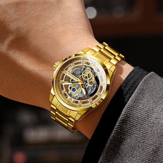 Vintage openwork BINBOND quartz wristwatch for men, luminous, water-resistant, accurate and durable, casual style.
