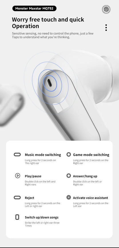 Monster MQT52 TWS Wireless Gaming Headset Bluetooth 5.4 HiFi Stereo Earbuds, Wireless Gaming Headset with Noise Cancelling Mic, Touch Control, 24H Battery, Bluetooth Gaming Earphones