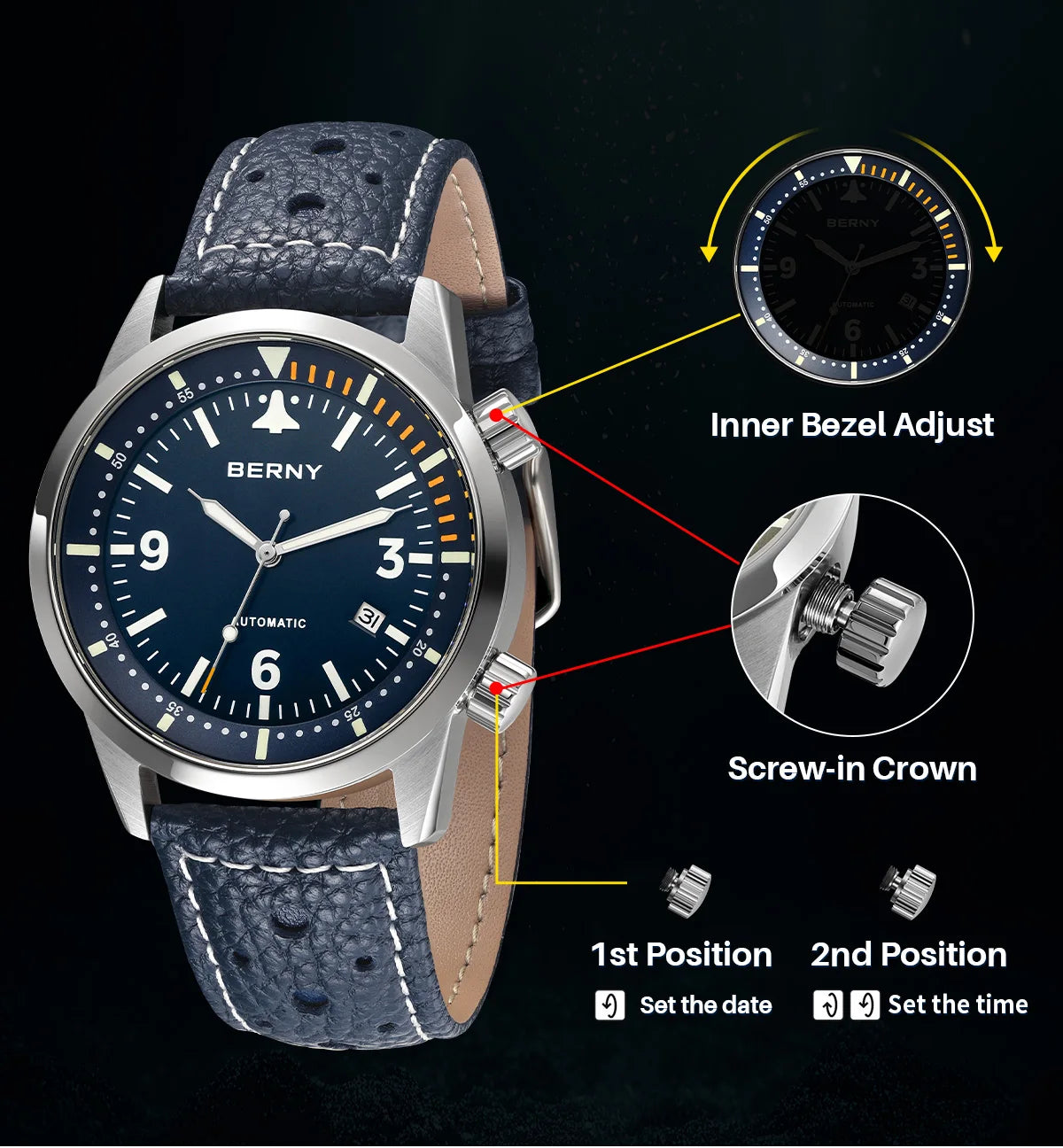 BERNY Men's Automatic Diver Watch Supper Luminous Sapphire AR Coated MlYOTA 8215 Leather Strap Mechanical Diving Watches for Men