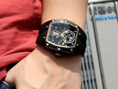 MINI FOCUS Men's Wristwatch Fashion Black Waterproof Automatic Mechanical Watch with Luminous Hands Silicone Strap Tonneau Dial