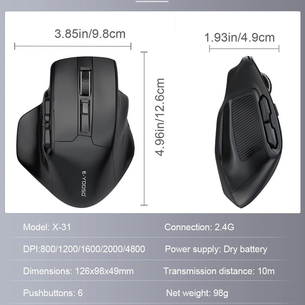 E-YOOSO X-31 Wireless Gaming Mouse for Big Hands, USB 2.4G Ergonomic Gaming Mouse, 4800 DPI Optical Mouse with 5 Buttons for PC & Laptop