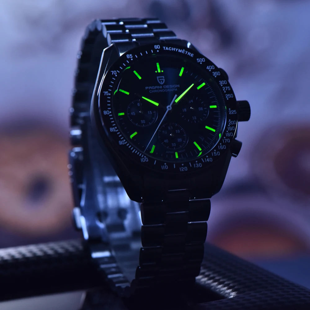 Zegarek męski PAGANI DESIGN „New Moon” – luksusowy zegarek kwarcowy, chronograf, szkło szafirowe z powłoką antyrefleksyjną, ceramiczna ramka, świecące wskazówki