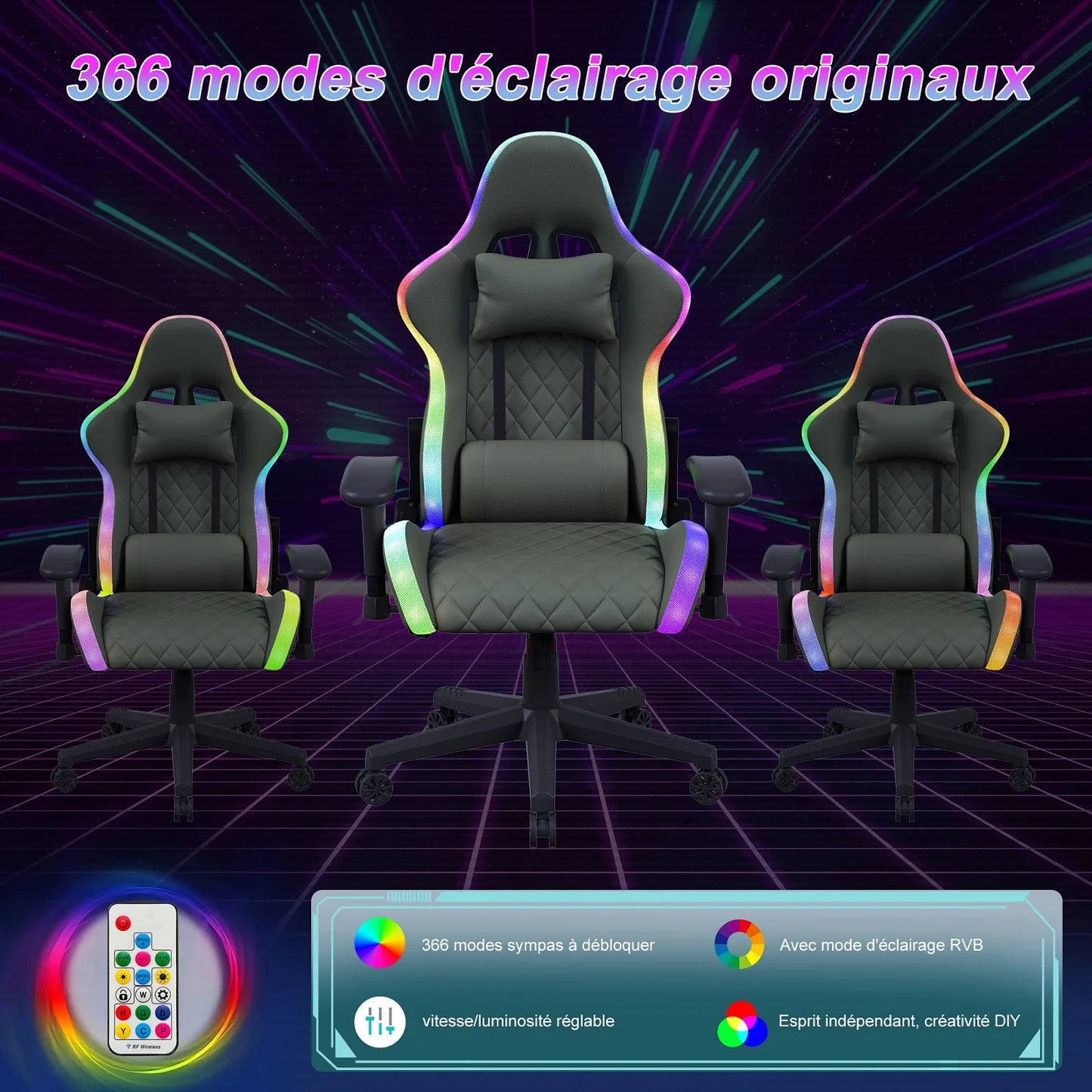 LED Gaming Chair Ergonomic Office Chair with Adjustable Backrest, PU Leather Computer Chair with Lumbar Support Cushion, Footrest & Headrest