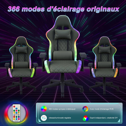 LED Gaming Chair Ergonomic Office Chair with Adjustable Backrest, PU Leather Computer Chair with Lumbar Support Cushion, Footrest & Headrest