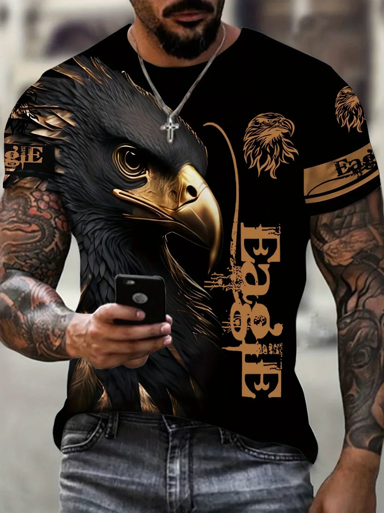 Fashion Men's 3D Eagle Print T-Shirt Black Gold Eagle Graphic Tee Breathable Crew Neck Streetwear Short Sleeve Top for Men