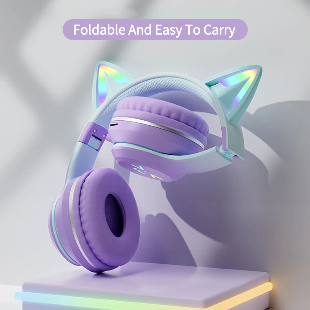 RGB Cat Ear Wireless Bluetooth Headphones for Kids & Girls, LED Light Stereo Gaming Headset with Microphone, Foldable Bluetooth Cat Ear Headphones
