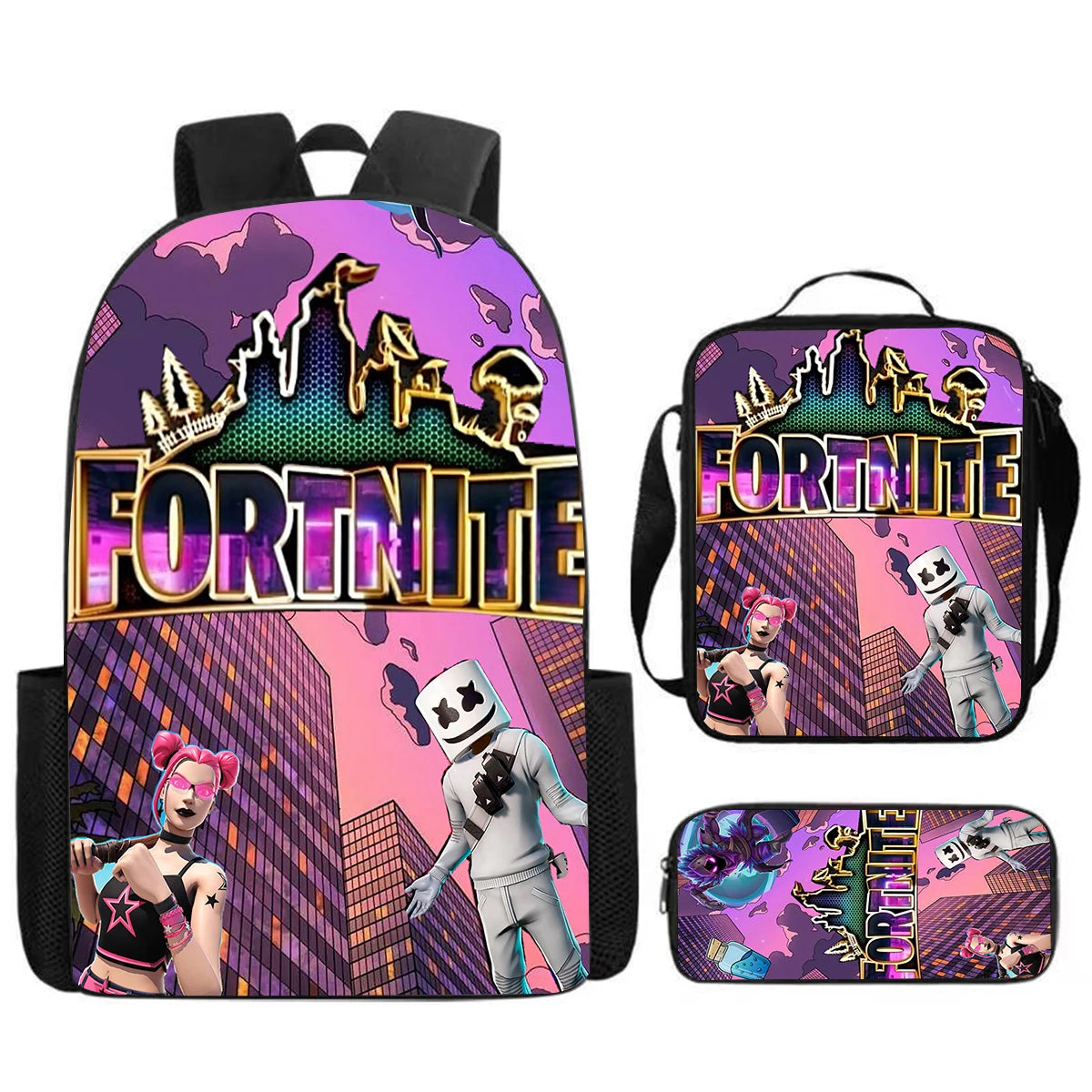 Conjunto Fortnite Cartoon de 3 peças, grande capacidade, adequado para rapazes e raparigas dos 5 aos 8 anos, inclui mochila, lancheira e estojo