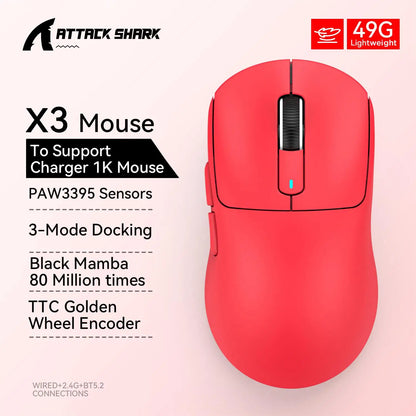 Bezdrôtová herná myš X3 ATTACK SHARK, červená farba, 4K odozva, Bluetooth trojrežimové pripojenie, PAW3395, makro Bluetooth herná myš