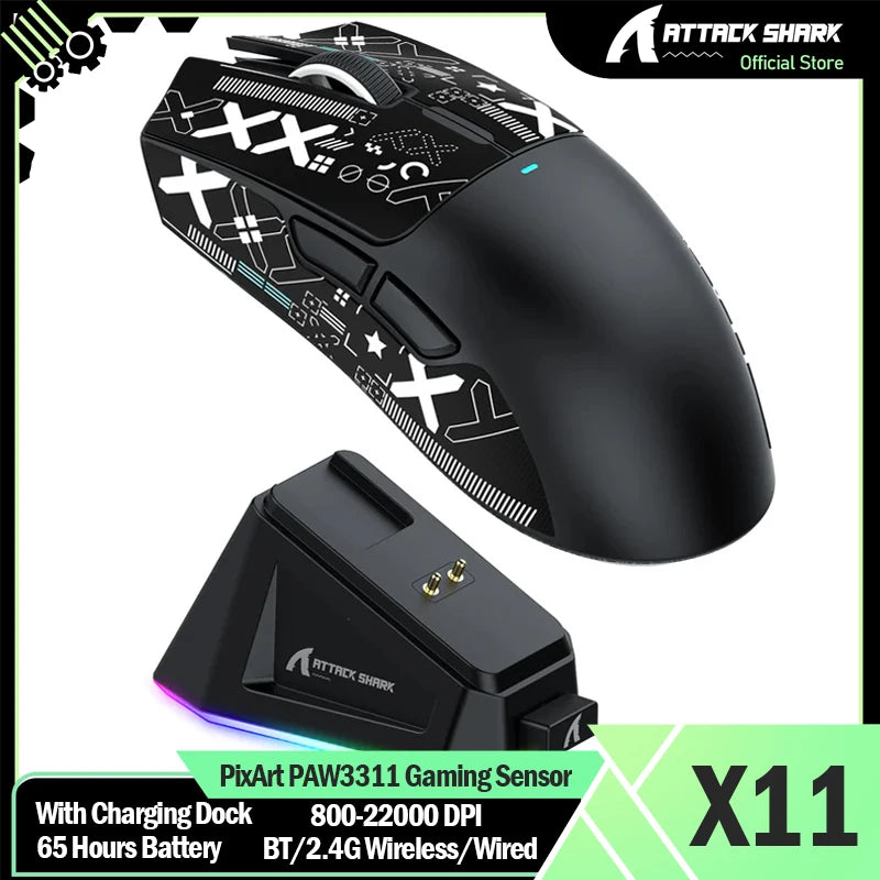 ATTACK SHARK X11 Wireless Gaming Mouse with Charging Dock, PixArt PAW3311 Sensor, Tri-Mode Bluetooth, 2.4G & Wired RGB Gaming Mouse