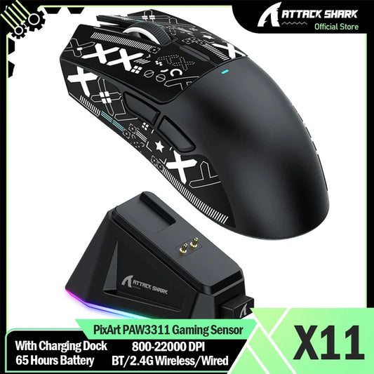 ATTACK SHARK X11 bežični gaming miš s punjačem, gaming senzorom PixArt PAW3311, BT/2.4G bežično/žično