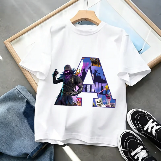 Tricou Fortnite cu imprimeu alfabet A-Z, de vară, pentru copii, alb, îmbrăcăminte cu joc cartoon popular, tricou fashion casual cu mânecă scurtă, cadou
