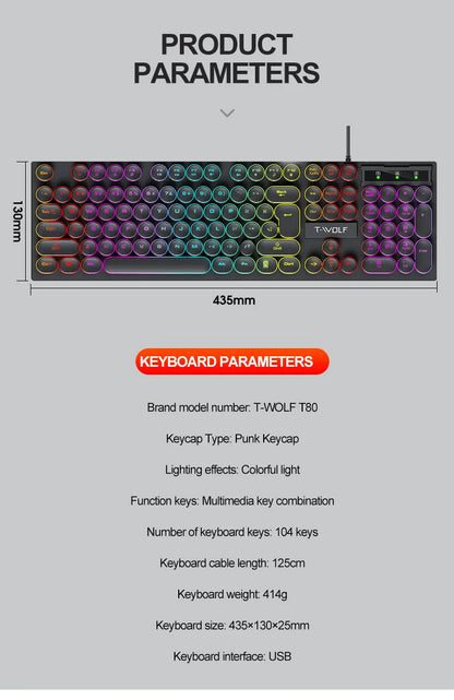 Typewriter style Mechanical feel Gaming Keyboard,Wired,RGB Backlit,Round Keycaps Mouse and Keyboard Bundle Waterproof 104-Key