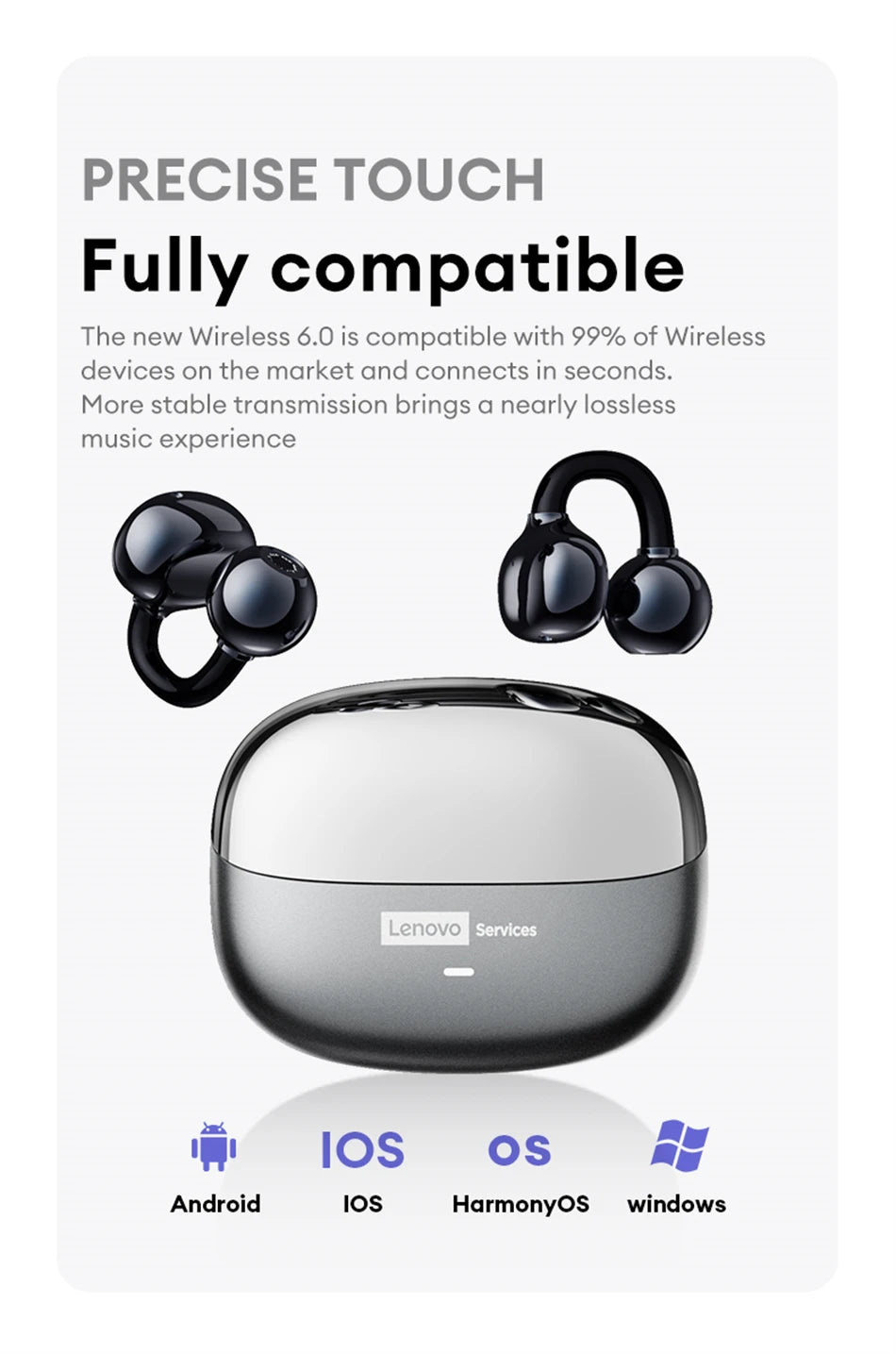 Lenovo LE302 Wireless Bluetooth 6.0 Headset Long Battery Life Sports Ear Clip Earphones HIFI Stereo Noise Cancelling Headphones