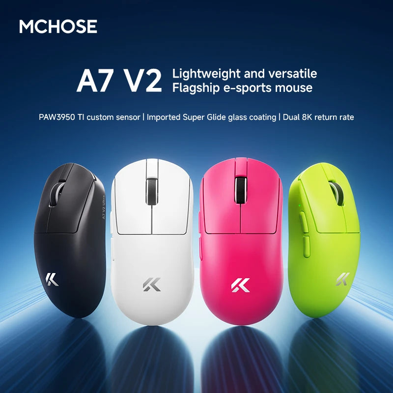 MCHOSE A7 V2 Wireless Gaming Mouse, Tri-Mode Bluetooth 8K Lightweight Esports Mouse with PAW3950 Sensor, 42000 DPI Ergonomic Gaming Mouse
