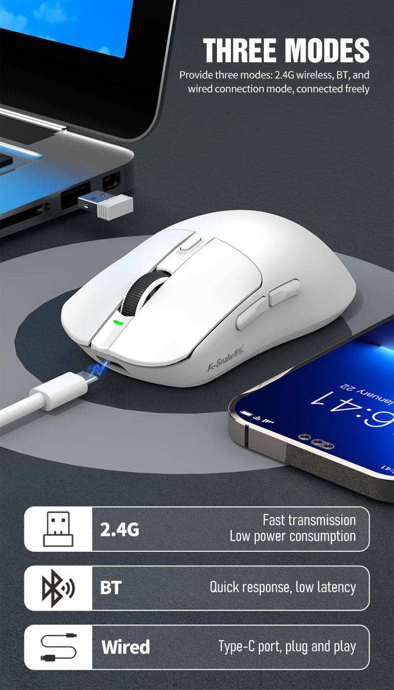 K-Snake X11 Bluetooth Wireless Gaming Mouse, Tri-Mode RGB Rechargeable Mouse with PAW3311 Sensor, 12000 DPI Magnetic Charging Gaming Mouse for PC, Laptop & Office