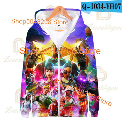 Sweatshirt Fortnite para Adultos e Crianças, Hoodie Infantil com Fecho, Estampado 3D de Jogo, para Rapazes e Raparigas, Estilo Harajuku, Manga Comprida, Roupa para Adolescentes