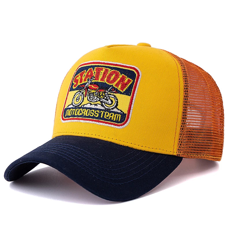 Hot Sale Unisex Mesh Trucker Hat Classic Motorcycle Pattern Breathable Summer Baseball Cap Streetwear Cap for Men Women