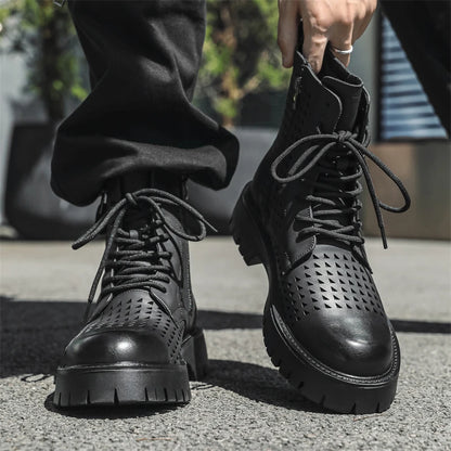 Non-Slip Men's High Top Casual Leather Shoes Street Style Motorcycle Boots New Stylish Ankle Boots Thick Bottom Walking Footwear