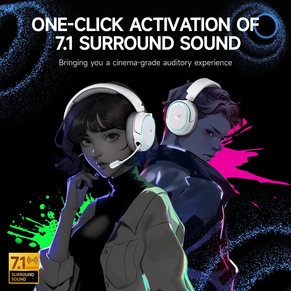 Picun G2 Wireless Gaming Headset Bluetooth 5.3 – 7.1 Surround Sound, 5ms Low Latency Gaming Headphones with ENC Microphone for PC, PS5, PS4, Switch & Mobile