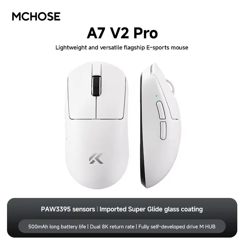 MCHOSE A7 V2 Ultra Wireless Gaming Mouse with PixArt 3950Ti Sensor, 8K Polling Rate, Lightweight Bluetooth & 2.4G RGB Gaming Mouse