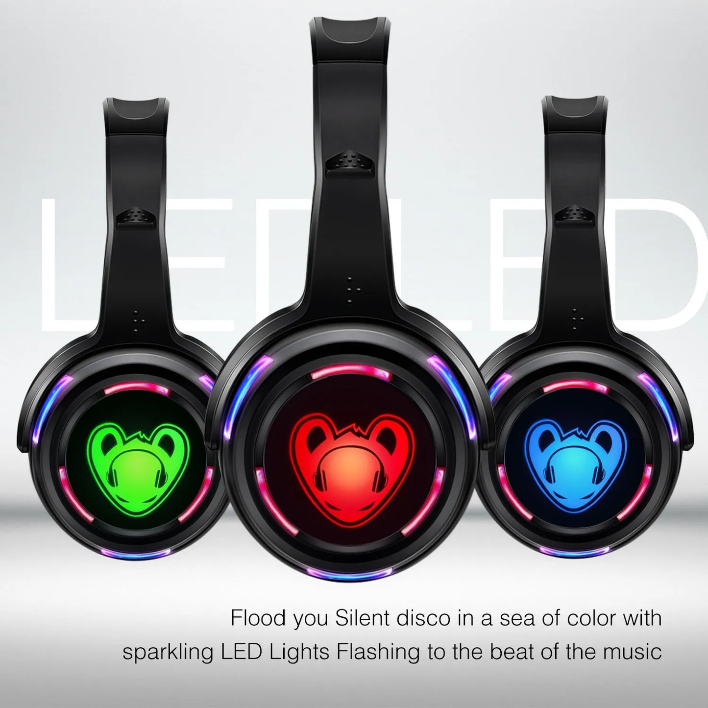Silent Disco Wireless Headphones RF LED DJ Party Headset 863–865MHz/915MHz with 3-Channel LED Lighting & 10H Battery