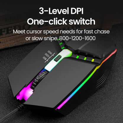Drôtová USB herná myš RGB BackLight Mute s LED podsvietením, 1600DPI, pre stolný PC, notebook, domácnosť a kanceláriu