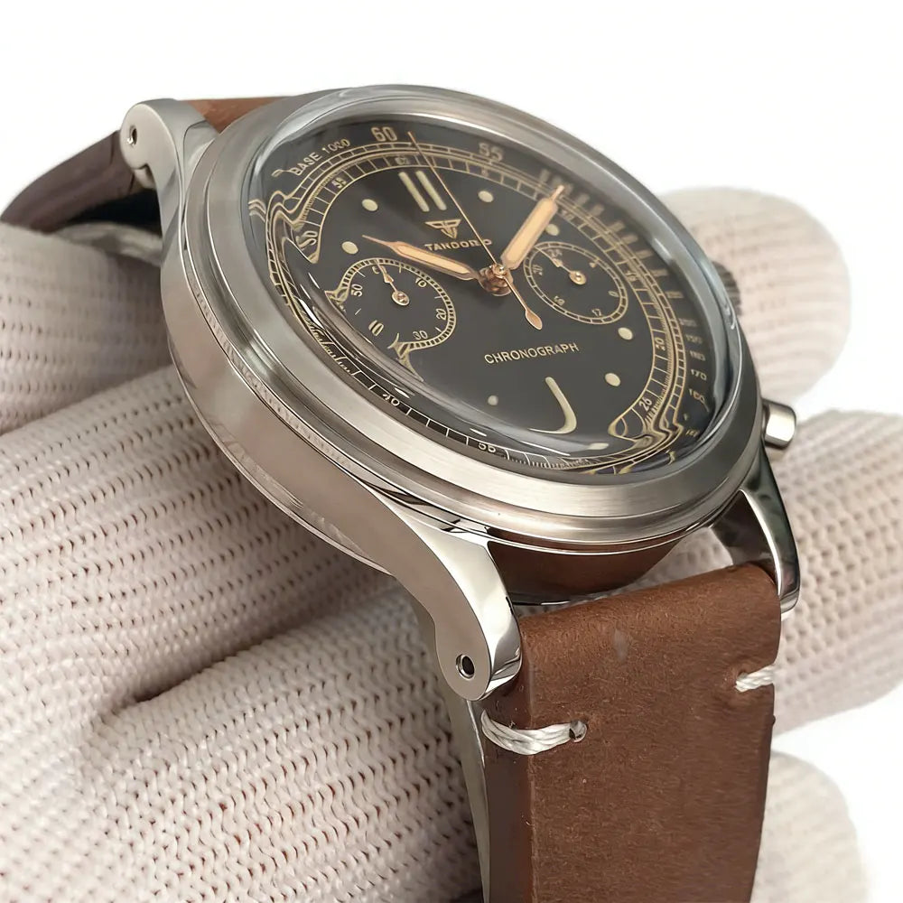 38mm Tandorio Retro Men's Watch Sport Watches Miyota OS20 Movement Chronograph Quartz Clock Black Dial Bubble Arched Glass
