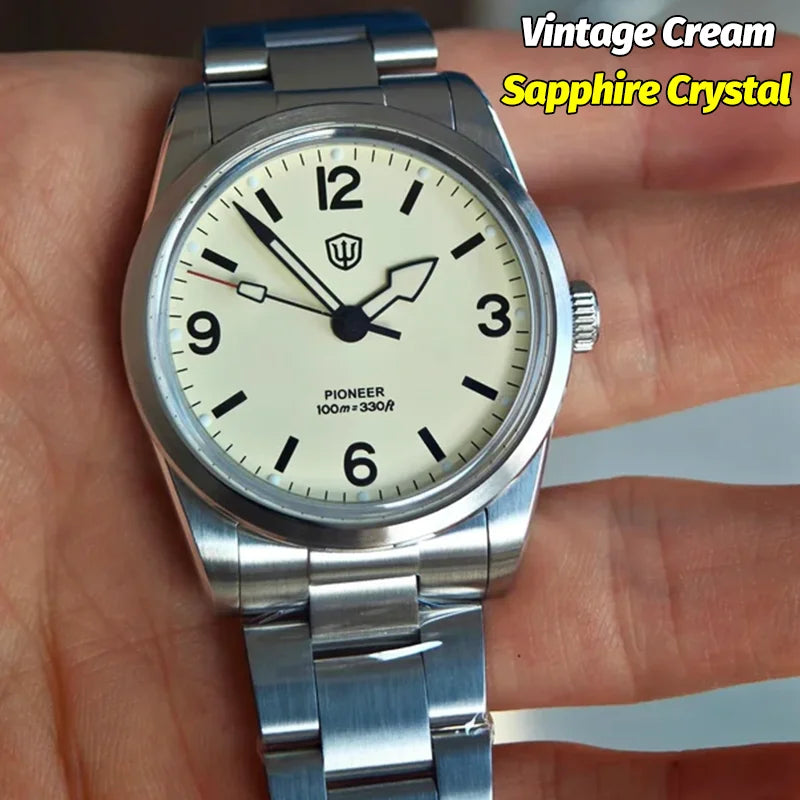 Montre à quartz pour homme Watchdives WD1960S V2, style vintage, cadran crème, 36 mm, mouvement VH31 à trotteuse fluide, verre saphir bombé, étanche 10 ATM, aiguilles luminescentes, boîtier en acier inoxydable