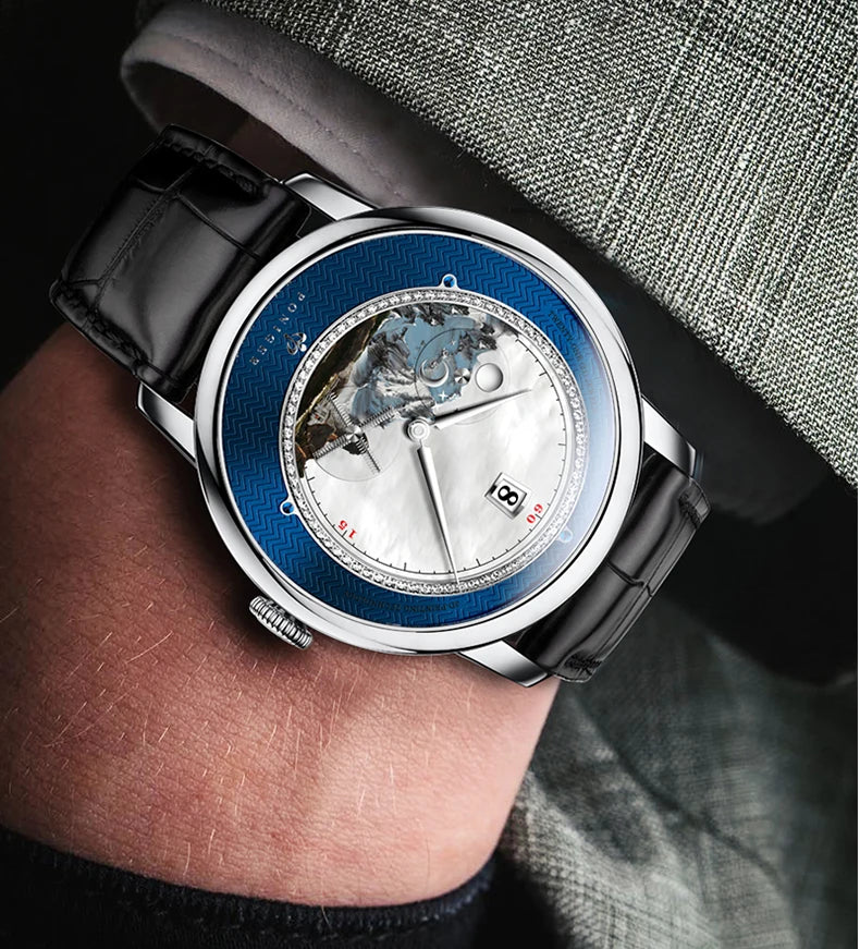 PONIGER Sapphire Crystal Glass Wrist Watch Painting Dial Man Leather Automatic Wristwatch MIYOTA 8219