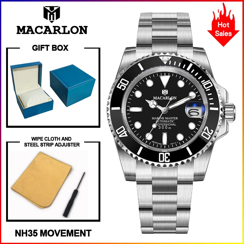 MACARLON Design New 41mm Mechanical Watch Men Sapphire Glass Luminous Stainless Steel Waterproof China NH35 Automatic Watch TOP