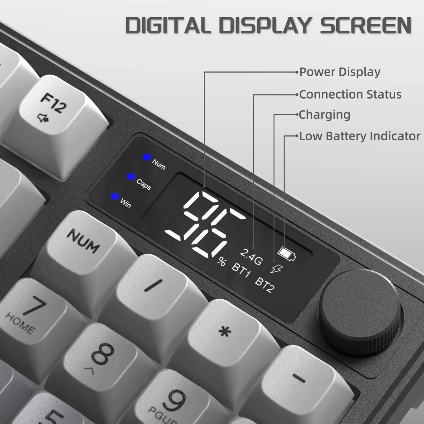 FREEWOLF M96 Wireless Keyboard RGB Gaming Keyboard with Knob Control, Bluetooth/2.4G/USB Wired Mechanical Feel Keyboard, PBT Keycaps, Display Screen, 3000mAh Battery