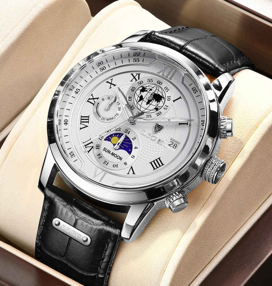 LIGE Luxury Man Wristwatch Waterproof Luminous Chronograph Watch for Men Leather Strap Men's Quartz Watches Reloj Hombre+Box