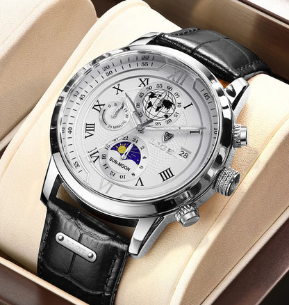 LIGE Luxury Man Wristwatch Waterproof Luminous Chronograph Watch for Men Leather Strap Men's Quartz Watches Reloj Hombre+Box
