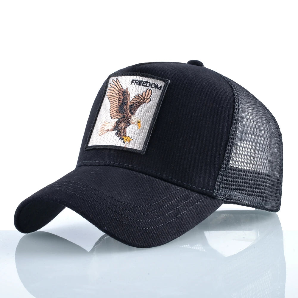 Gorras de camionero de moda con parche bordado de cabra. Gorra de béisbol Snapback «Four Seasons» para hombre y mujer, con visera ajustable.
