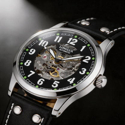 LONGLUX men automatic watch vintage pilot tough guy mechanical watches skeleton waterproof luminous leather gift