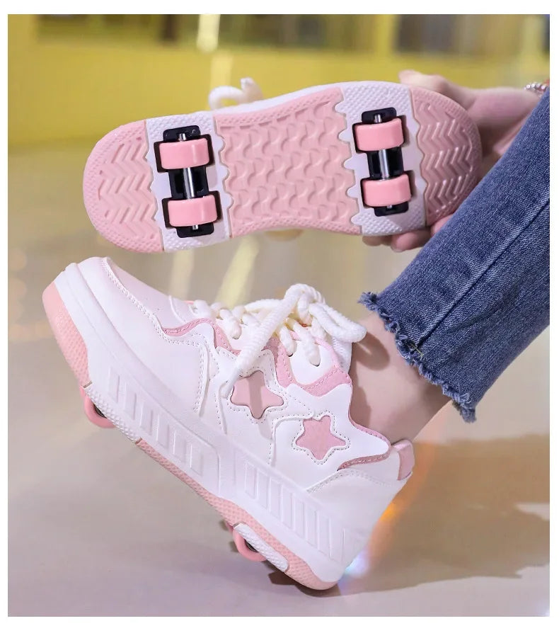 Chaussures de roller pour enfants - Roues rechargeables, couleurs tendance, finition brillante, pour les anniversaires, pour garçons et filles, chaussures décontractées deux-en-un