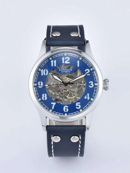 LONGLUX men automatic watch vintage pilot tough guy mechanical watches skeleton waterproof luminous leather gift