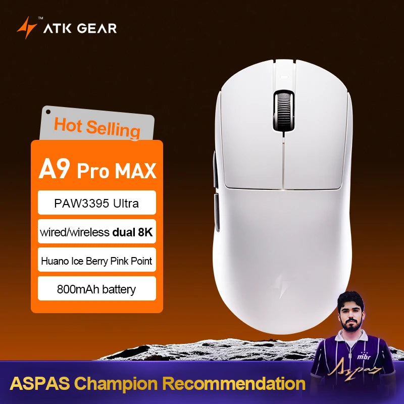 ATK Dragonfly A9 Ultra Wireless Gaming Mouse, Ultra-Lightweight Tri-Mode Ergonomic Gaming Mouse with Dual 8K Polling Rate, PAW3395/3950 Sensor