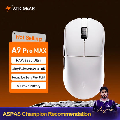 ATK Dragonfly A9 Ultra Wireless Gaming Mouse, Ultra-Lightweight Tri-Mode Ergonomic Gaming Mouse with Dual 8K Polling Rate, PAW3395/3950 Sensor
