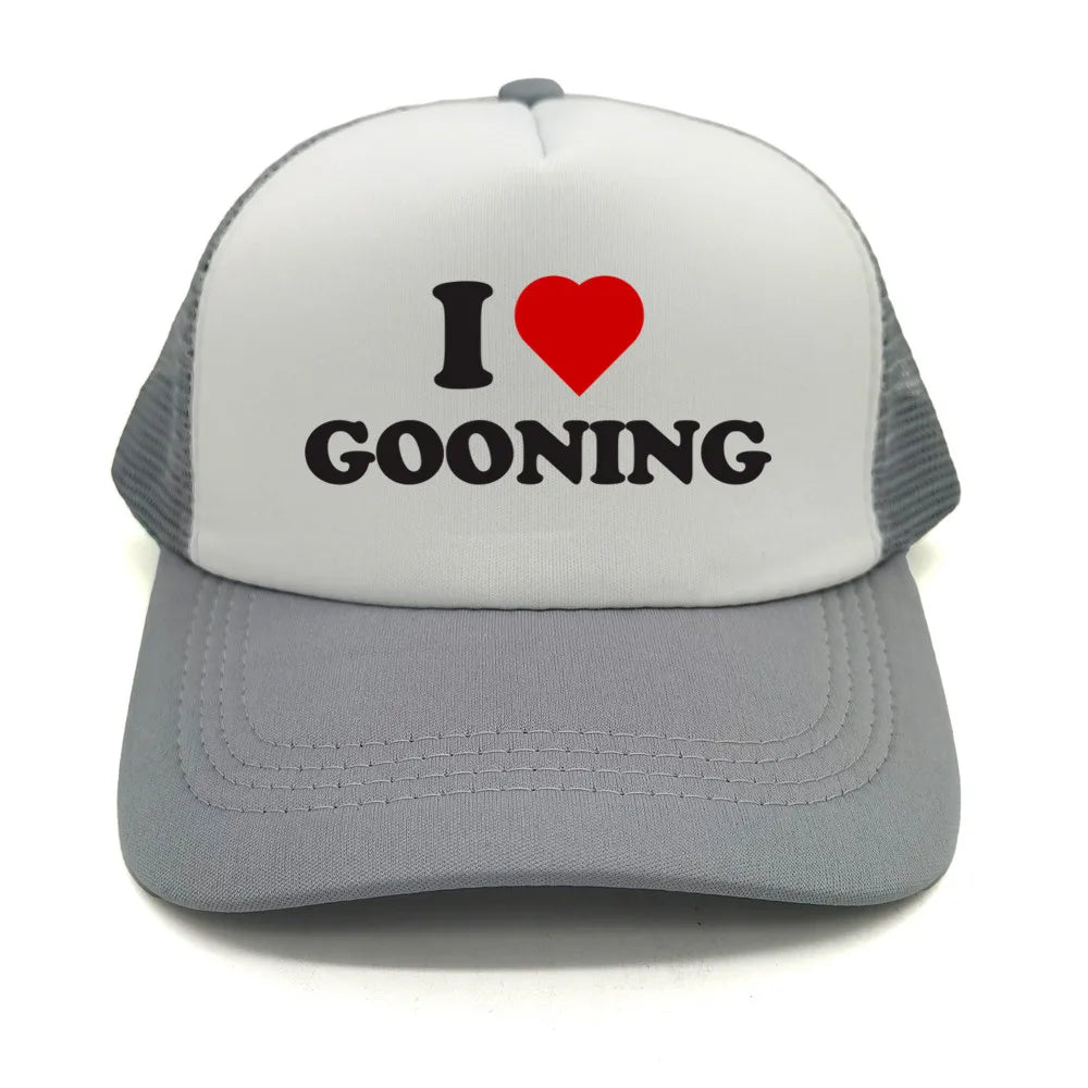 Sjove „I Love Gooning“-baseballkasketter – Cool sommerhat til mænd i netstof – Humoristisk truckerkasket – Unisex udendørs kasketter i netstof – MZ-080