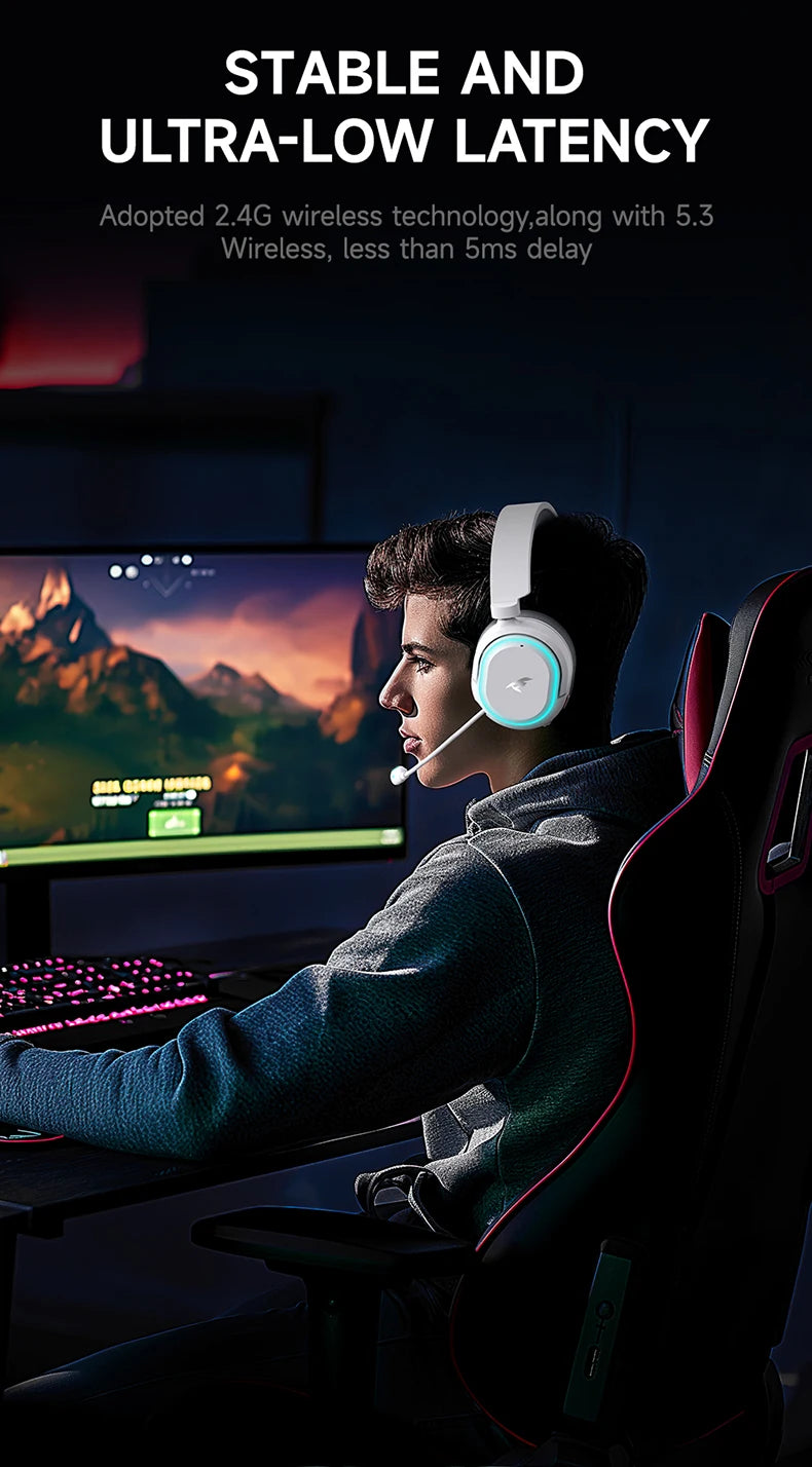 Picun G2 Wireless Gaming Headset Bluetooth 5.3 – 7.1 Surround Sound, 5ms Low Latency Gaming Headphones with ENC Microphone for PC, PS5, PS4, Switch & Mobile
