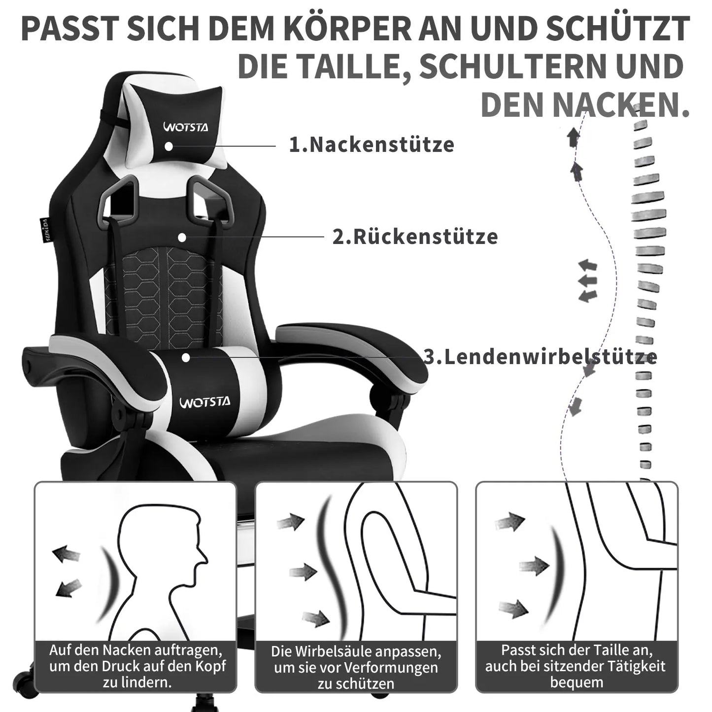 SUKIDA Ergonomischer Racing-Gaming-Stuhl, verstellbar und drehbar, mit Kopfstütze und Lendenwirbelstütze für Büro und Gaming