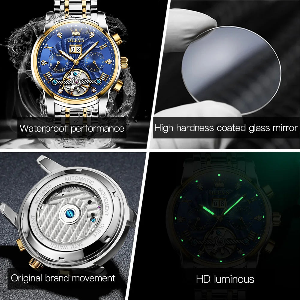 OLEVS 9910 Pánské hodinky Originální luxusní značka Vodotěsné Světélkující Automatické mechanické hodinky Hodinky s dvojitým kalendářem Krabička na hodinky Reloj