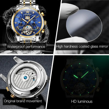 OLEVS 9910 Pánské hodinky Originální luxusní značka Vodotěsné Světélkující Automatické mechanické hodinky Hodinky s dvojitým kalendářem Krabička na hodinky Reloj
