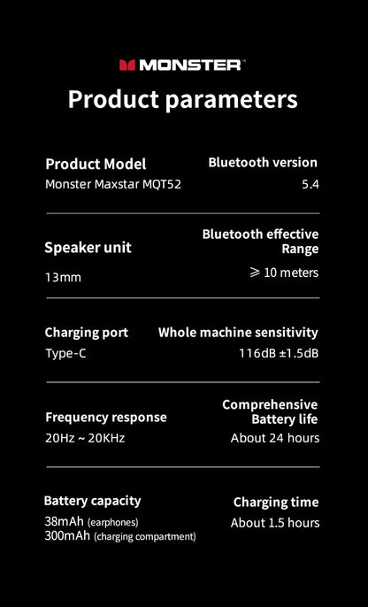 Monster MQT52 TWS Wireless Gaming Headset Bluetooth 5.4 HiFi Stereo Earbuds, Wireless Gaming Headset with Noise Cancelling Mic, Touch Control, 24H Battery, Bluetooth Gaming Earphones
