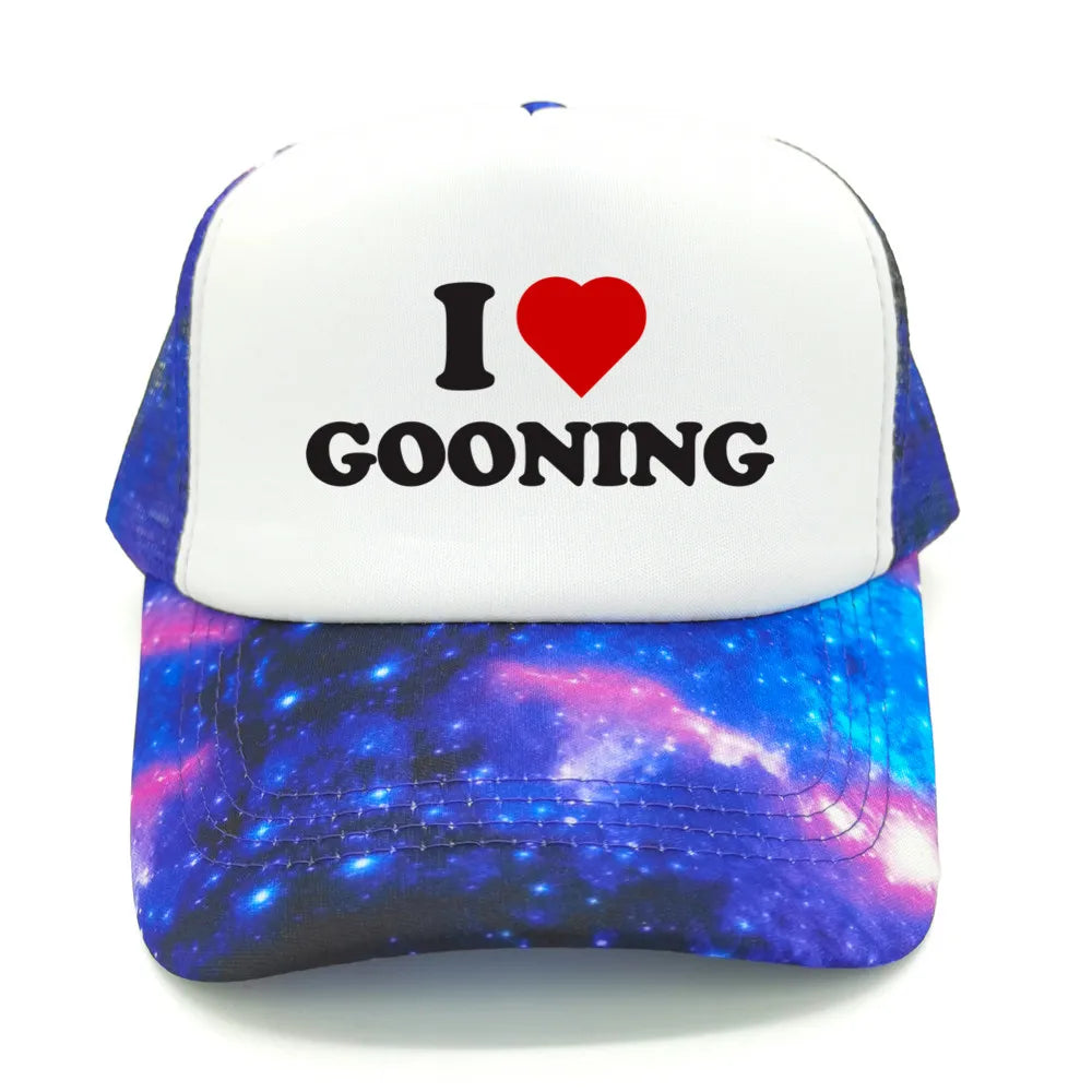 Sjove „I Love Gooning“-baseballkasketter – Cool sommerhat til mænd i netstof – Humoristisk truckerkasket – Unisex udendørs kasketter i netstof – MZ-080