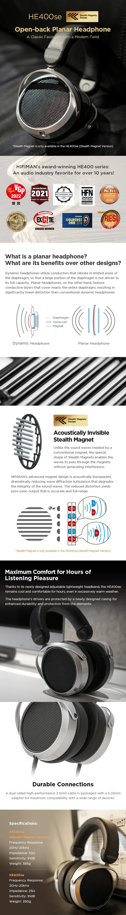 HIFIMAN HE400SE Stealth Magnet Planar Magnetic Wired Headphones Open-Back HiFi Over-Ear Headphones for Audiophile Sound