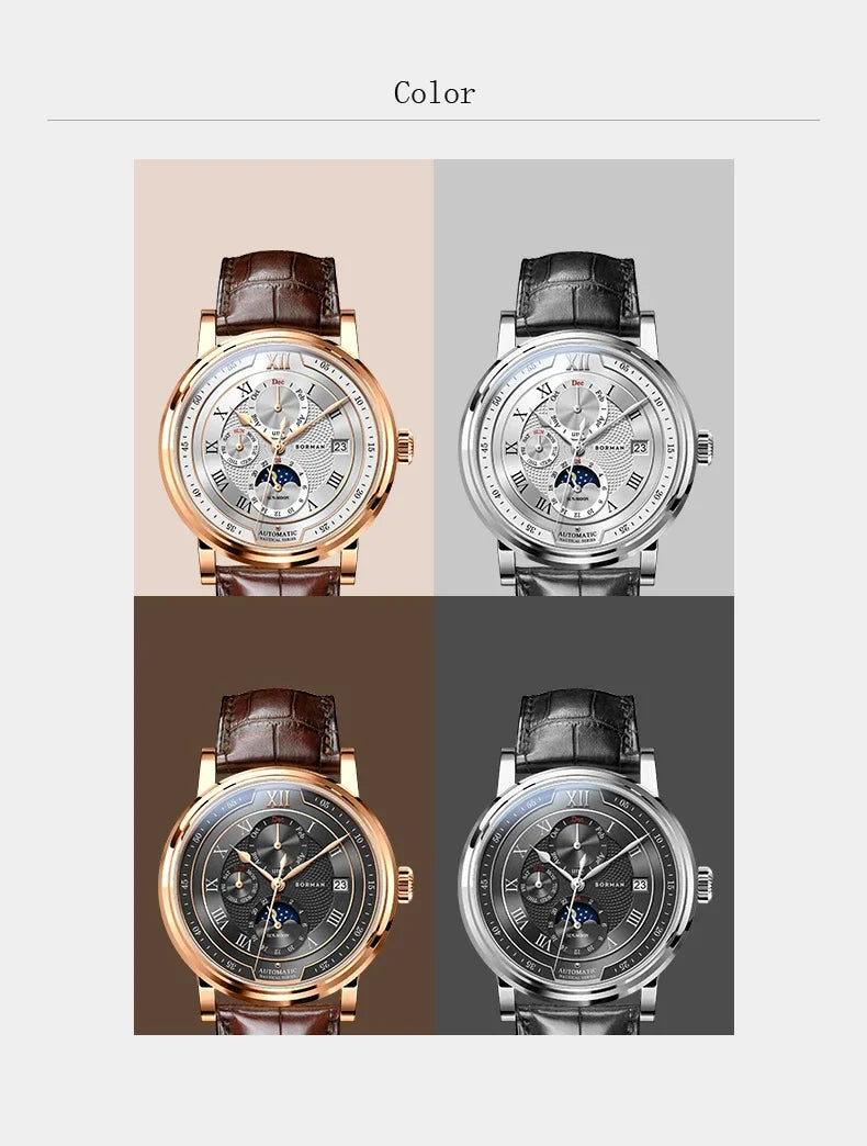 BORMAN BM3868  New 40mm  Luxury Men Automatic Mechanical Men's Watches Sapphire Multi-function Waterproof Moon Phase Clocks