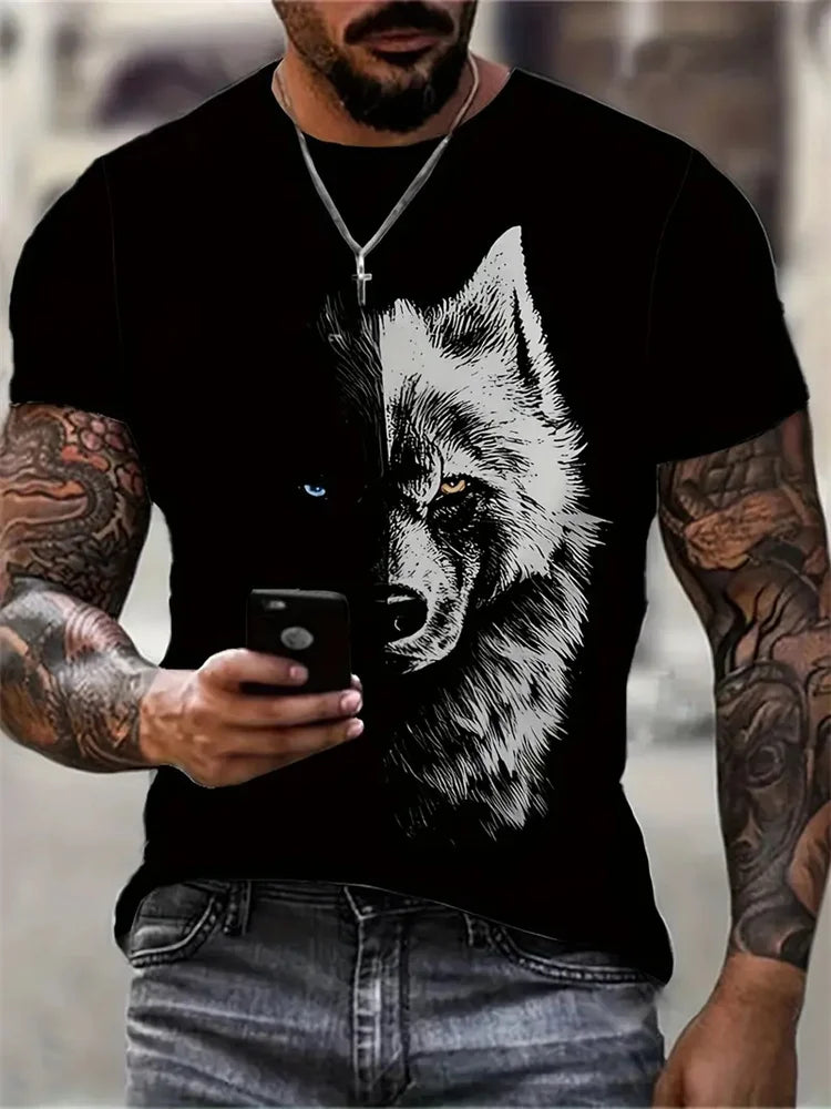 T-shirt da uomo con stampa 3D lupo, girocollo casual, maniche corte, tessuto traspirante e confortevole, abbigliamento streetwear outdoor da uomo